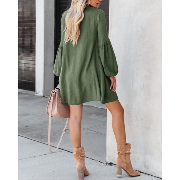 Cotton Casual Button Down Raw Hem Tunic Dress in Green - Picture 3 of 5